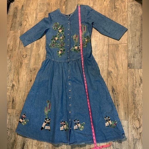 Women’s Sunbelt blue denim button up dress with a desert and cactus patch work - Picture 6 of 6
